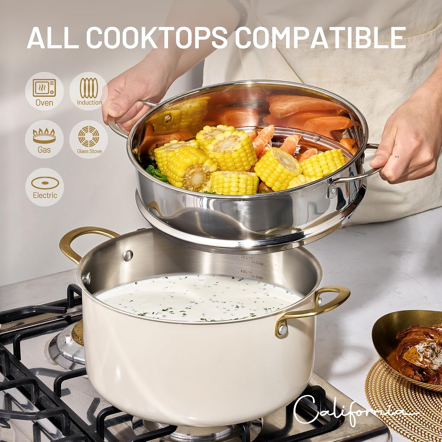 CAROTE 8QT Full Clad Tri Ply Stainless Steel Stock Pot with Lid | All Stoves Compatible, Oven & Dishwasher Safe, Stay Cool Handle, White, Cookware for Simmer - Image 7