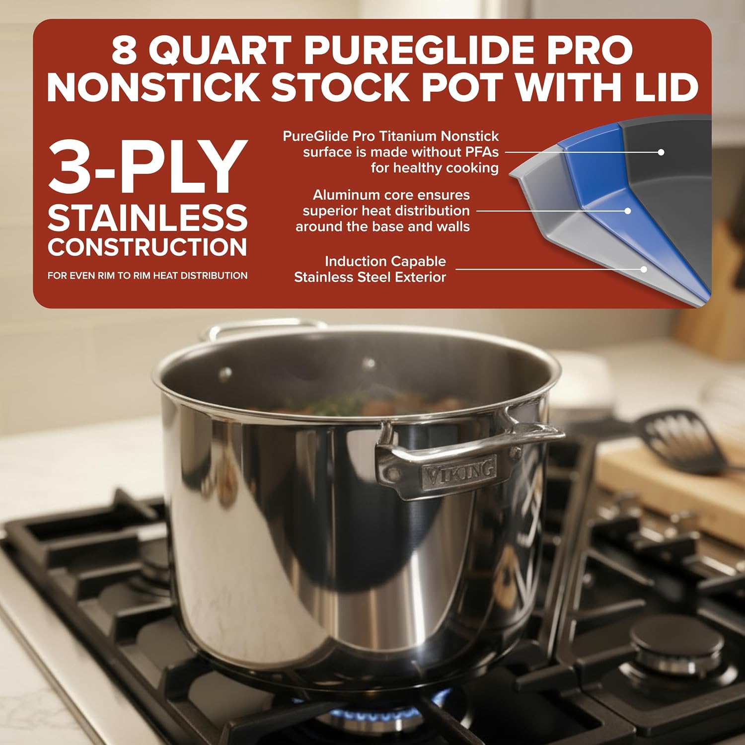 Viking PureGlide Pro 3-Ply Nonstick Stock Pot, Made without PFAS, 8-Quart Induction Soup and Pasta Cooking Pot with Lid, Metal Utensil Safe Titanium Nonstick Surface, Oven Safe to 600F - Image 2