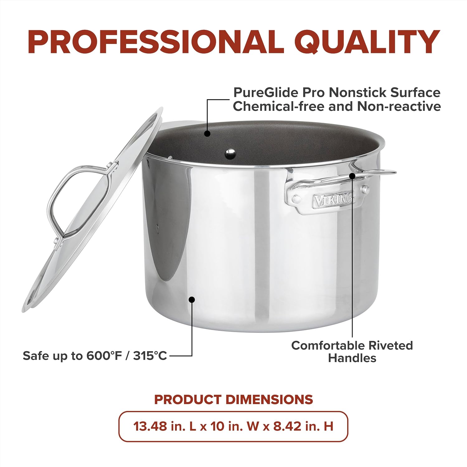 Viking PureGlide Pro 3-Ply Nonstick Stock Pot, Made without PFAS, 8-Quart Induction Soup and Pasta Cooking Pot with Lid, Metal Utensil Safe Titanium Nonstick Surface, Oven Safe to 600F - Image 5