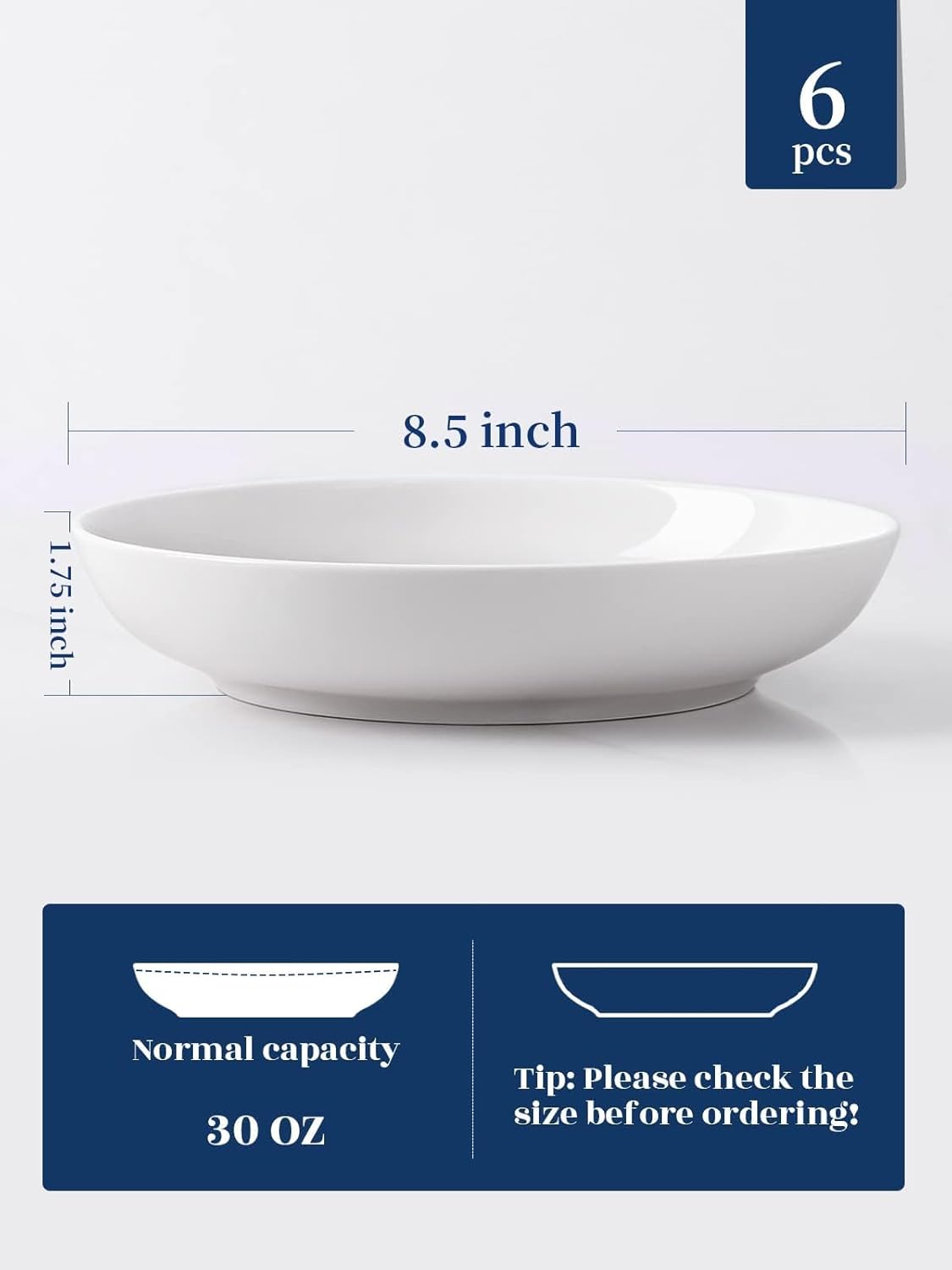 Y YHY Pasta Bowls, 30oz Salad Bowls White Soup Bowls Large Pasta Serving Bowl Porcelain Pasta Plates Wide and Shallow Bowls Set of 6 Microwave Dishwasher Safe Valentines Day Gift - Image 2