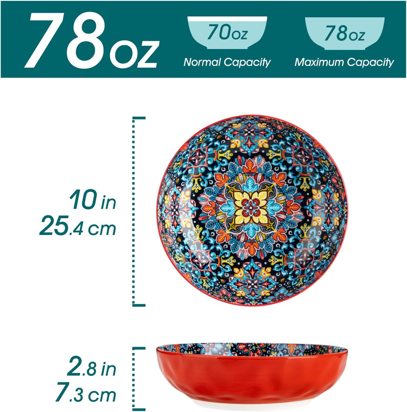 vancasso Large Serving Bowls,78 Oz Salad Bowls Set of 2,Serving Dishes-Red | Bohemian Decorative Bowls for Salad, Fruit, Pasta and Dinner, Serving Dishes Set for Party, Dishwasher & Microwave Safe - Image 2